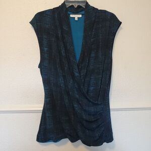 Chaus New York Women's Sz XL Faux Wrap V-Neck Top Blouse Plaid Blue Green